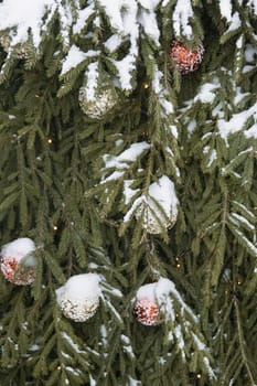 Christmas trees decorated with red balloons in front of the cafe entrance. Street New Year decorations.