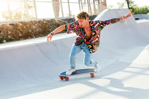full body of funky young male skateboarder in trendy colorful shirt and jeans performing trick on concrete ramp while practicing skills in skatepark