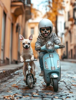 Two happy dogs riding scooter and motorbike through city streets, exuding cool retro vibe with sunglasses and helmets