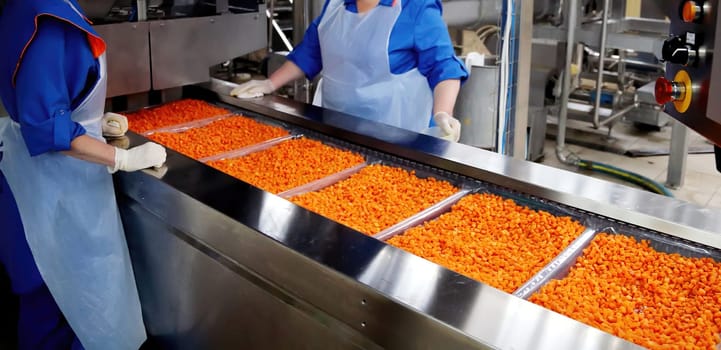 In a food processing facility, workers wearing blue uniforms and gloves handle bright orange snacks as they move along the production line.