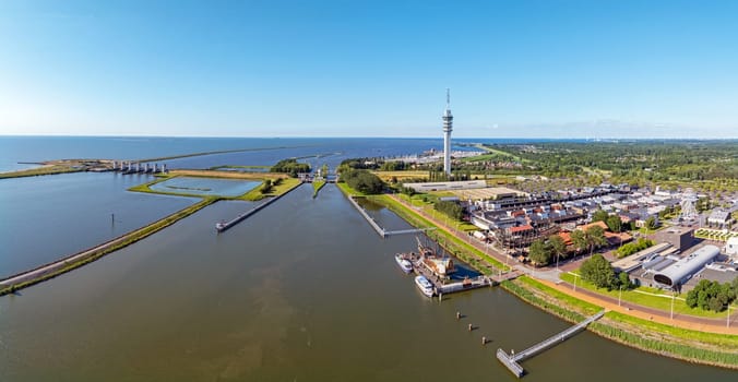 Aerial panorama from the city Lelystad at the IJsselmeer in the Netherlands