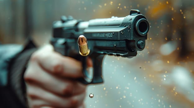 A handgun with a flying bullet. A hand holding a gun on a blurry background.