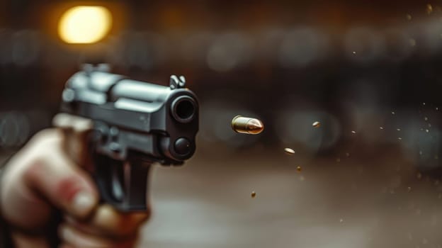 A handgun with a flying bullet. A hand holding a gun on a blurry background.