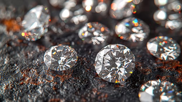 Lots of Realistic Diamonds on the table. Jewels on abstract background.
