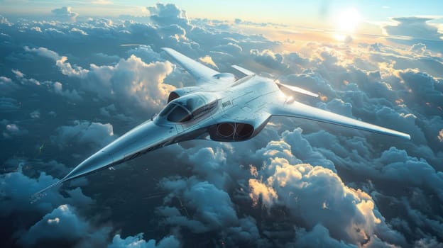 A military fighter jet soars through the sky on a mission. Military aircraft flying over the ground.