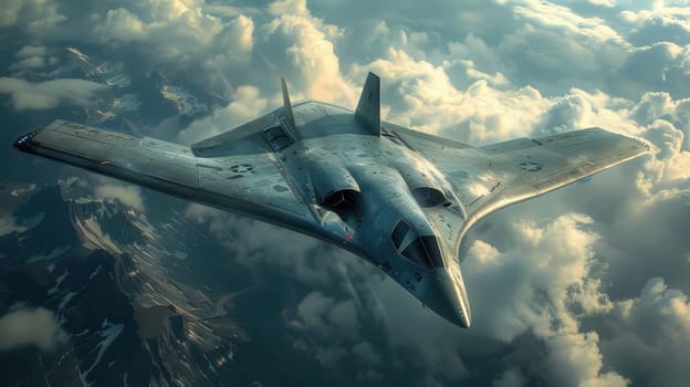 A military fighter jet soars through the sky on a mission. Military aircraft flying over the ground.
