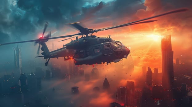 a multi-role military helicopter over the city. Helicopter flying over the city.