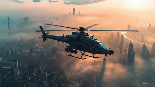 a multi-role military helicopter over the city. Helicopter flying over the city.