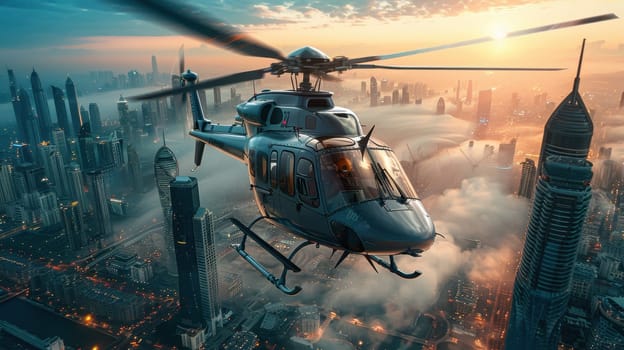 a multi-role military helicopter over the city. Helicopter flying over the city.