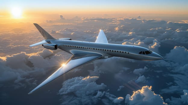 Futuristic airplane flying above the clouds. for science fiction or military aviation backgrounds.