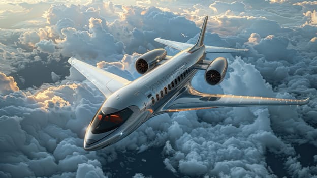 Futuristic airplane flying above the clouds. for science fiction or military aviation backgrounds.