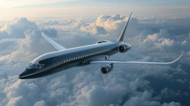 Futuristic airplane flying above the clouds. for science fiction or military aviation backgrounds.