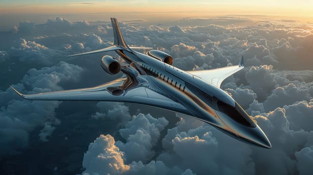 Futuristic airplane flying above the clouds. for science fiction or military aviation backgrounds.