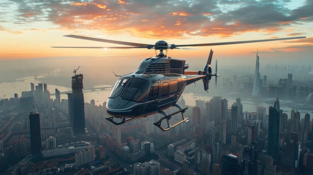 An image of a city helicopter flying over the city.