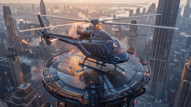 A helicopter landing on the helipad of a skyscraper. Building with a helipad.