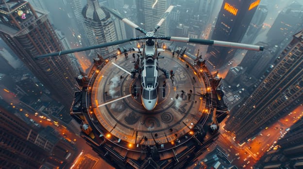 A helicopter landing on the helipad of a skyscraper. Building with a helipad.