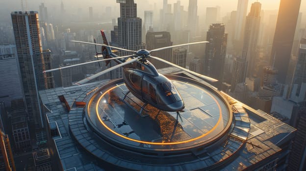 A helicopter landing on the helipad of a skyscraper. Building with a helipad.
