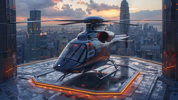 A helicopter landing on the helipad of a skyscraper. Building with a helipad.