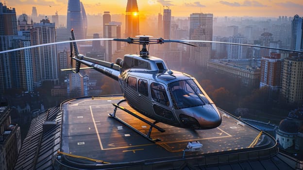 A helicopter landing on the helipad of a skyscraper. Building with a helipad.