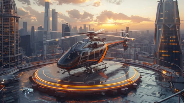 A helicopter landing on the helipad of a skyscraper. Building with a helipad.