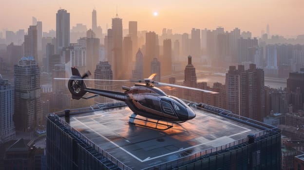 A helicopter landing on the helipad of a skyscraper. Building with a helipad.