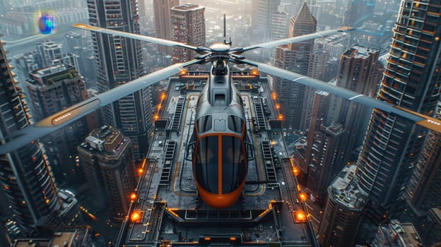 A helicopter landing on the helipad of a skyscraper. Building with a helipad.