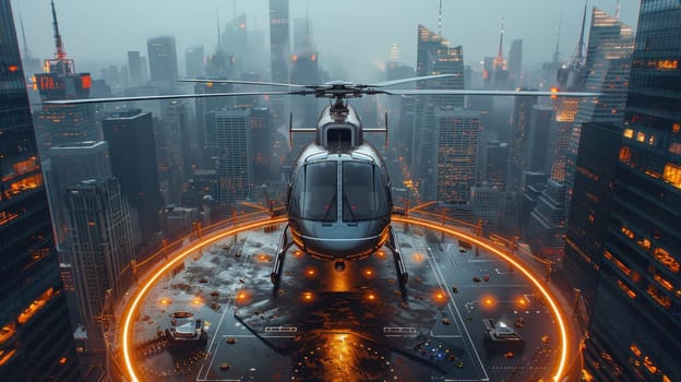 A helicopter landing on the helipad of a skyscraper. Building with a helipad.