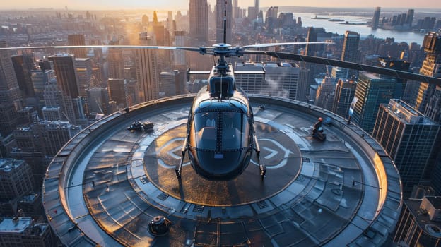 A helicopter landing on the helipad of a skyscraper. Building with a helipad.