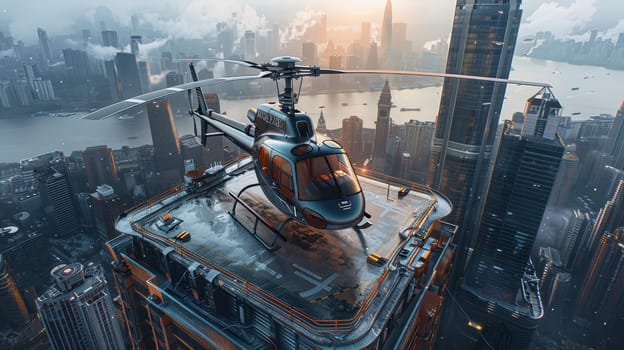 A helicopter landing on the helipad of a skyscraper. Building with a helipad.