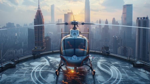A helicopter landing on the helipad of a skyscraper. Building with a helipad.