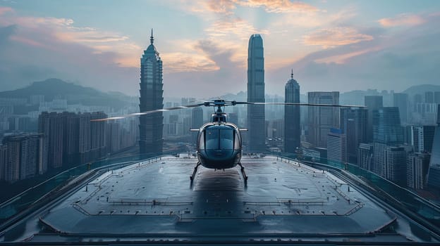 A helicopter landing on the helipad of a skyscraper. Building with a helipad.