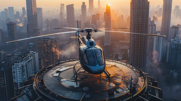 A helicopter landing on the helipad of a skyscraper. Building with a helipad.