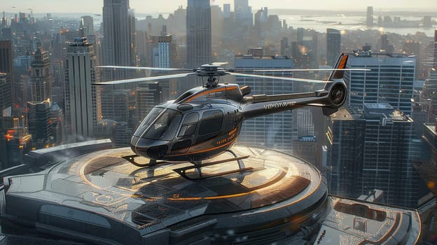 A helicopter landing on the helipad of a skyscraper. Building with a helipad.