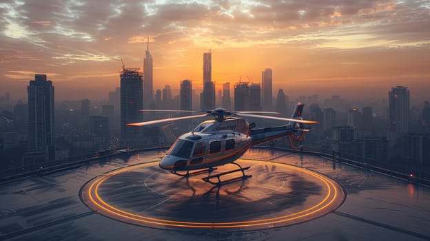 A helicopter landing on the helipad of a skyscraper. Building with a helipad.
