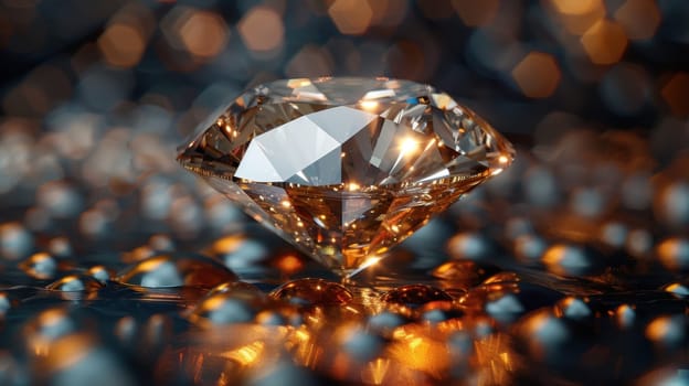 Large cut diamond on beautiful blurred background. For advertising of luxury jewelry stores.