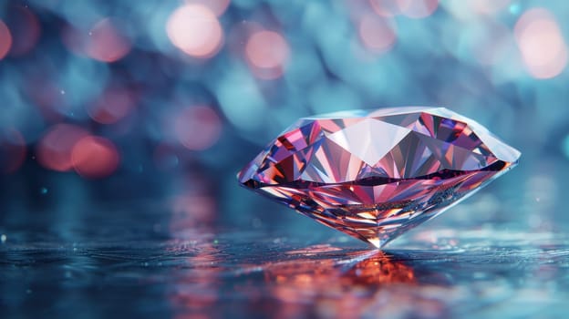 Large cut diamond on beautiful blurred background. For advertising of luxury jewelry stores.