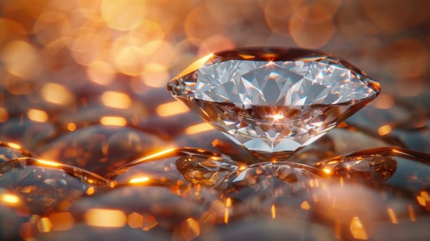 Large cut diamond on beautiful blurred background. For advertising of luxury jewelry stores.