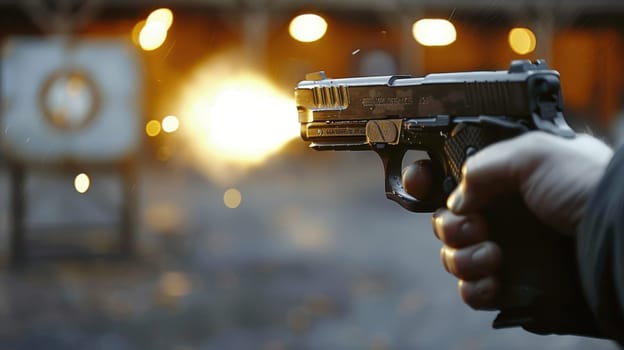 A handgun with a flying bullet. A hand holding a gun on a blurry background.