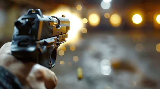 A handgun with a flying bullet. A hand holding a gun on a blurry background.