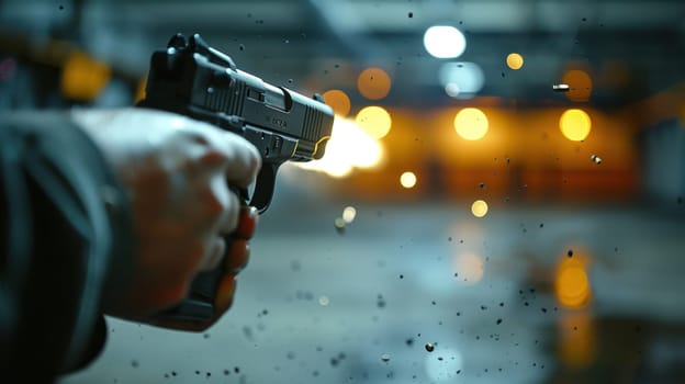 A handgun with a flying bullet. A hand holding a gun on a blurry background.