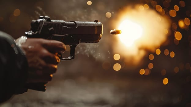 A handgun with a flying bullet. A hand holding a gun on a blurry background.