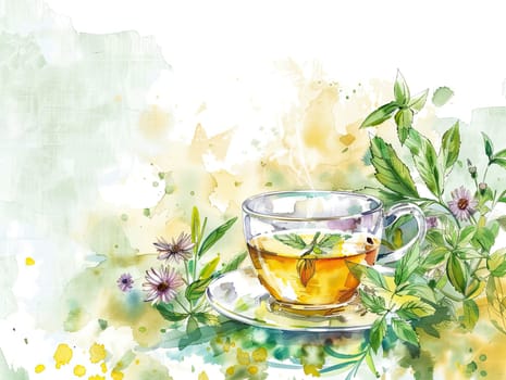 Freshly brewed herbal tea sits in a clear cup on a wooden table, surrounded by vibrant green mint leaves, suggesting a calm garden atmosphere.