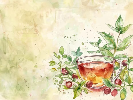 A steaming cup of herbal tea sits among vibrant green leaves and ripe berries, capturing a warm and inviting moment of nature's simplicity.