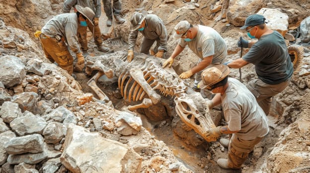 Archaeologists work at the excavation site with special tools.