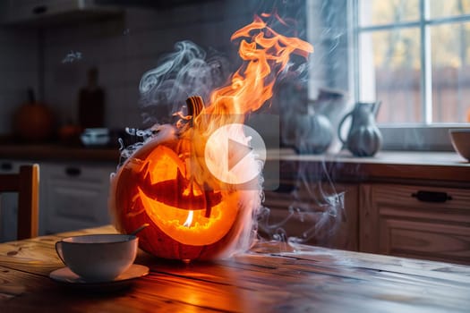 Close up of a fiery halloween pumpkin engulfed in flames and smoke against a dark background