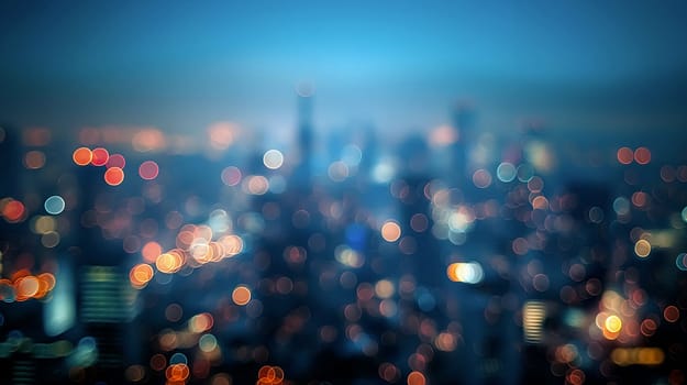 The city comes alive at dusk as colorful lights blur into a stunning display, showcasing the vibrant energy and hustle of urban life from a high vantage point - Generative AI