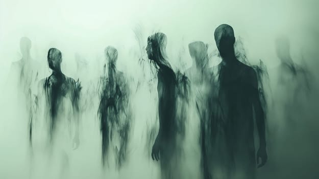 A group of shadowy figures walk through a dense fog, their forms barely visible - Generative AI