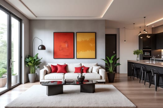 A contemporary living room features a light sofa adorned with red pillows, vibrant artwork, and indoor plants. The kitchen area is stylishly integrated, offering a cozy atmosphere - Generative AI