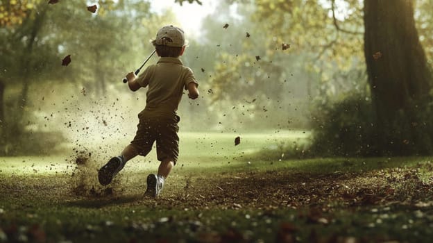 Boy runs energetically on a green golf course, swinging his club with focus and determination, enjoying the outdoors and learning the sport with enthusiasm