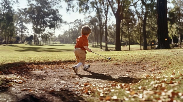 Boy energetically chasing his golf ball on a sunny day, honing his swing skills outdoors